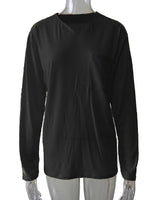 Damen nan legeres Langarmshirt mit V-Notch-Ausschnitt, Brusttasche und lockerer Oversize-Passform Drune in Schwarz - Langarm mit Tasche