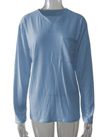 Damen nan legeres Langarmshirt mit V-Notch-Ausschnitt, Brusttasche und lockerer Oversize-Passform Drune in Hellblau, Langarm, Mit Tasche