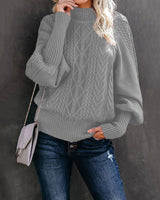 Damen nan Zopfmuster-Strickpullover mit Rollkragen und Ballonärmeln Drune in Hellgrau