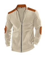 Herren nan Stehkragen-Sweatjacke mit feiner Rippstruktur, Ellbogen-Patches und kontrastierenden Schulterdetails Drune in Apricot