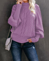 Damen nan Zopfmuster-Strickpullover mit Rollkragen und Ballonärmeln Drune in Violett