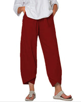 Damen nan lockere Leinenhose mit hohem Bund, Tulpen-Saum und seitlichen Eingrifftaschen Drune in Weinrot