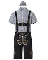 Herren nan traditionelle Trachtenlederhose mit bestickten Hosenträgern, kariertem Trachtenhemd und Filzhut Drune in 82353 Schwarz (Schwarzes Oberteil + Schwarze Latzhose + Graue Mütze)