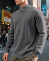 Herren nan urbaner Halbzip-Pullover mit feiner Quadratstruktur und hohem Stehkragen Drune in Dunkelgrau