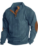Herren nan rustikaler gerippter Pullover mit Henley-Kragen und lederartigen Ellbogenbesätzen Drune in Jeansblau