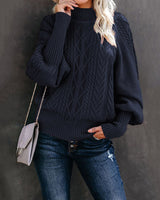 Damen nan Zopfmuster-Strickpullover mit Rollkragen und Ballonärmeln Drune in Marineblau