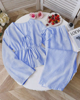 Damen nan gestreiftes Leinenähnliches Homewear-Set mit gerafftem Tunnelzugoberteil und elastischer Bundhose Drune in Blau