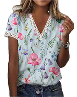 Sherly – Elegantes T-Shirt mit kurzen Ärmeln und V-Ausschnitt-Print für Damen in Blau