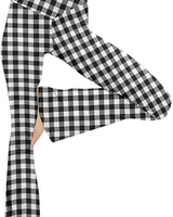 Damen nan taillenhohe Yogahose mit überkreuztem Bund und ausgestelltem Saum mit Schlitz Drune in Klein-Kariert Schwarz-Weiß