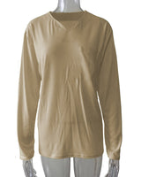 Damen nan legeres Langarmshirt mit V-Notch-Ausschnitt, Brusttasche und lockerer Oversize-Passform Drune in Khaki - ohne Tasche, Langarm