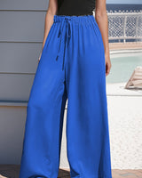 Damen nan weite Palazzo-Hose mit hohem Paperbag-Bund, elastischem Tunnelzug und vorderer Beinschlitz Drune in Blau