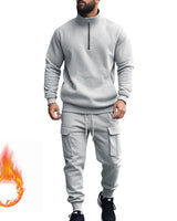 Herren nan Strick-Trainingsset mit halbem Reißverschluss, Zopfmuster-Pulli und Kordelzug-Jogger Drune in Hellgrau
