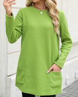 Damen nan legeres Fleece-Tunika-Kleid mit Rundhalsausschnitt und aufgesetzten Taschen Drune in Grasgrün