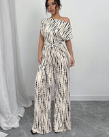 Bianca | Damen Overall One-Shoulder Weites Bein Print Elegant in Weiß