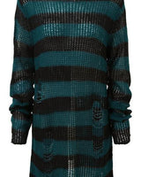 Damen nan Oversized Grobstrickpullover mit breiten Blockstreifen und aufgerissenem Design Drune in Lang Schwarz-Jeansblau