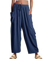 Damen nan weite Palazzohose aus leichtem Leinenmix mit Tunnelzug und seitlicher Tasche Drune in Dunkelblau