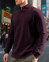 Herren nan leichtes Waffelstrick-Halbzip-Pullover mit Stehkragen und atmungsaktivem Baumwollmix Drune in Weinrot