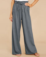 Damen nan Leinenhose mit Paperbag-Bund und weitem Bein Drune in Grau