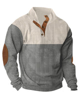 Herren nan gerippter Pullover mit Stehkragen, Knopfleiste und Ellbogen-Patches Drune in Apricot + Grau