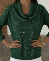 Damen nan fein gestrickter Pullover mit Wasserfallkragen und geripptem Saum Drune in Grün Glitzer