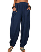 Damen nan lockere Leinenhose mit weitem Bein elastischem Bund und großen aufgesetzten Taschen Drune in Marineblau