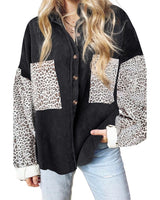 Damen nan oversized Hemdbluse mit Strukturstoff, Kontrastärmeln im Leo-Print und aufgesetzten Taschen Drune in Schwarz