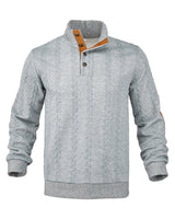 Herren nan Zopfmuster-Pullover mit Stehkragen, halber Knopfleiste und Ellbogenpatches Drune in Hellgrau