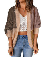 Damen nan lässige Strickjacke im Patchwork-Stil mit offener Front und 3/4-Ärmeln Drune in Kaffeebraun
