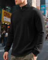 Herren nan leichtes Waffelstrick-Halbzip-Pullover mit Stehkragen und atmungsaktivem Baumwollmix Drune in Schwarz
