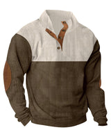 Herren nan gerippter Pullover mit Stehkragen, Knopfleiste und Ellbogen-Patches Drune in Apricot+Braun