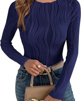 Damen nan figurbetontes Rippstrick-Longsleeve mit Wellendetail und Rundhalsausschnitt Drune in Marineblau