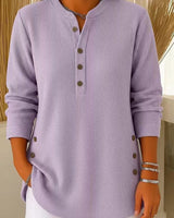 Eshani - Lässiges Geripptes Langarm Henley Oberteil Mit Knopfleiste in Violett