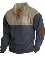 Herren nan gerippter Pullover mit Stehkragen, Knopfleiste und Ellbogen-Patches Drune in Khaki + Blau