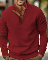 Herren nan strukturiertes Rugby-Pullover mit Stehkragen, Knopfleiste und Leder-Ellenbogenpatches Drune in Weinrot