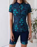 Damen Sportlicher Kurzarm Schwimmanzug mit floralem Design Drune in Dunkelblau