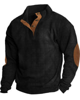 Herren nan grober Rippstrick-Pullover mit Stehkragen, Knopfleiste und markanten Ellenbogenpatches Drune in Schwarz