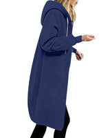 Damen nan langer Oversize Kapuzenmantel mit gerundetem Saum und Reißverschlusstaschen Drune in Blau
