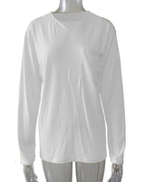 Damen nan legeres Langarmshirt mit V-Notch-Ausschnitt, Brusttasche und lockerer Oversize-Passform Drune in Weiß - mit Tasche, Langarm