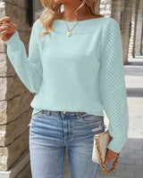 Damen Feinripp Pullover mit Ajour Puffärmeln und Bootsausschnitt in Azurblau