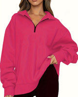 Damen nan Oversized Sweatshirt mit Kurzreißverschluss, Stehkragen und Kängurutasche Drune in Magenta
