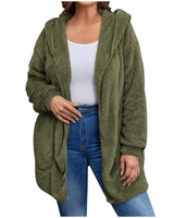 Damen nan kuschelige Teddy-Fleece Kapuzenjacke mit großen Eingrifftaschen und entspannter Silhouette Drune in Armeegrün