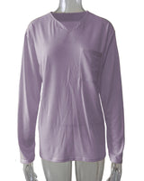 Damen nan legeres Langarmshirt mit V-Notch-Ausschnitt, Brusttasche und lockerer Oversize-Passform Drune in Mit Tasche - Helllila - Langarm