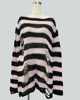 Damen nan Oversized Grobstrickpullover mit breiten Blockstreifen und aufgerissenem Design Drune in Schwarz-Pink (lang)