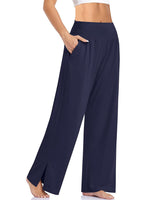 Damen nan weite Yogahose mit hohem Komfortbund, seitlichen Eingrifftaschen und seitlichem Bein-Schlitz Drune in Dunkelblau