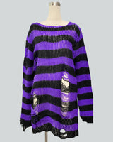 Damen nan Oversized Grobstrickpullover mit breiten Blockstreifen und aufgerissenem Design Drune in Lang Schwarz-Violett