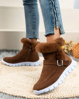 Damen nan gefütterte Kurzstiefel mit Kunstfellbesatz, Velourslederoptik, seitlichem Reißverschluss, dekorativer Metallschnalle und profilierter Lightweight-Sohle Drune in Tiefbraun