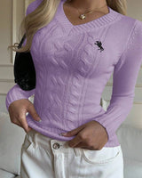 Damen Feinripp Pullover mit V Ausschnitt und Zopfmuster in Lila