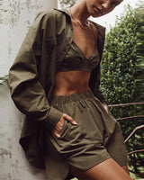 Damen nan Oversized Leinen-Hemd mit elastischem Bund Shorts Set Drune in Olivgrün