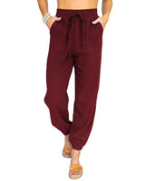 Damen nan leichte Leinenoptik Freizeit-Hose mit hohem elastischem Bund, Kordelzug, aufgesetzten Taschen und elastischen Knöchelbündchen Drune in Weinrot