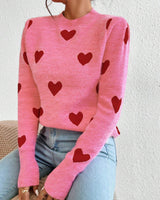Damen nan kaschmirähnlicher Feinstrickpullover mit Allover-Herzmotiv, Rundhalsausschnitt und verlängerten Bündchen Drune in Rosa